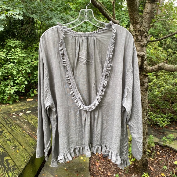 Magnolia Pearl Tops - Vintage Magnolia Pearl Sage Linen Top with Ruffles from the Love Collection